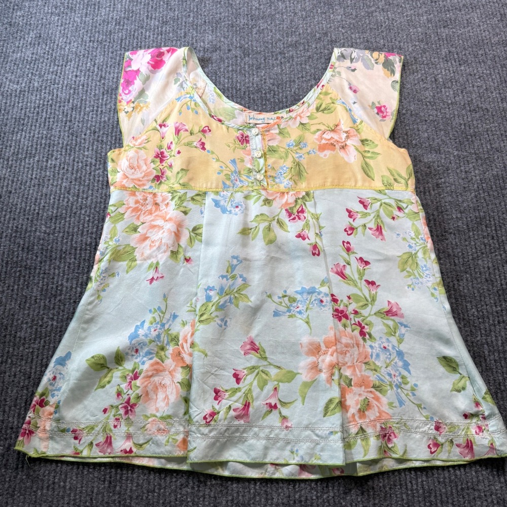 Johnny Was Floral Silk Tunic Top Womens Small Multicolor Sleeveless Boho Peasant